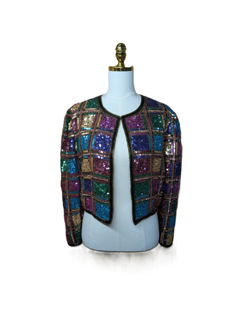 Vtg Laurence Kazar Womens Petite Small Silk Sequin Jacket Blazer Color Block
